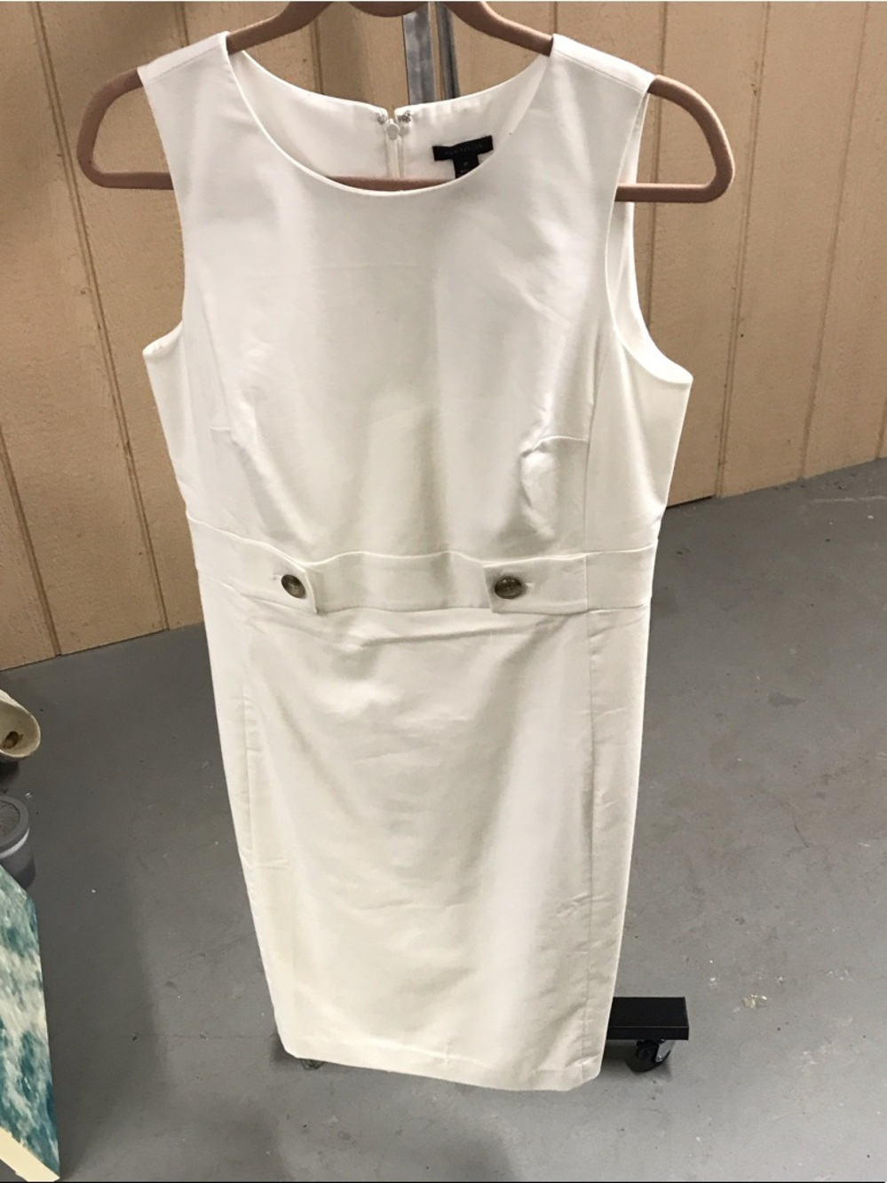 Ann Taylor White Sleeveless Sheath Dress with Waist Button Detail